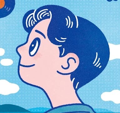 プロフィール画像：はっきりとした線で描かれたポップなイラスト。男性が前方を見上げて口角を上げている。空をイメージした青い背景。